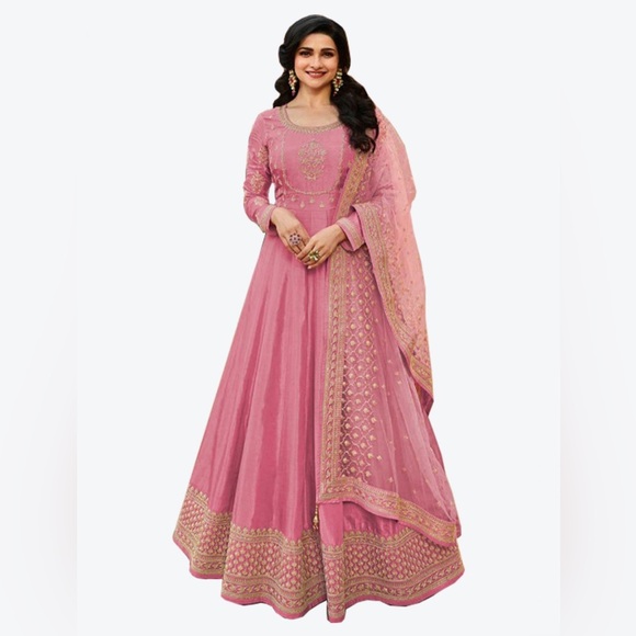 Purplish Pink Dola Silk Designer Anarkali Suit With Dupatta - Picture 1 of 3
